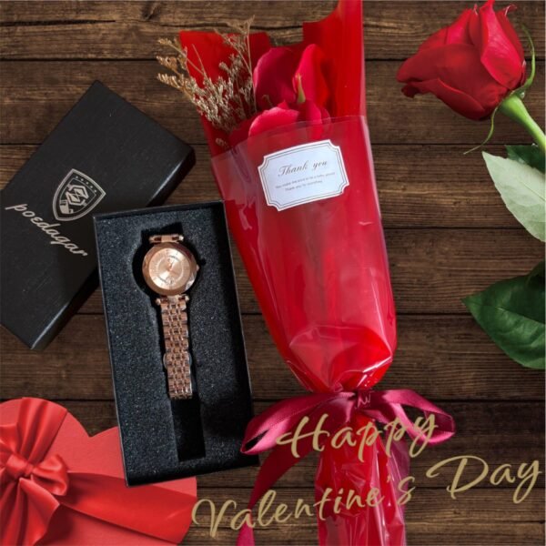 SAINT VALENTIN – POEDAGAR Montre avec Diamant & Fleur Rouge