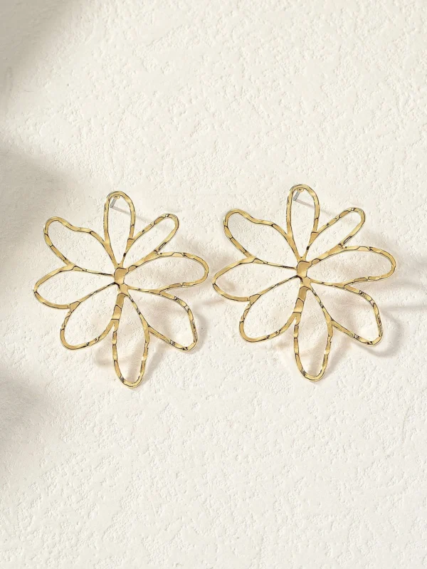 1 paire de boucles d'oreilles en métal à fleur creuses – Image 4