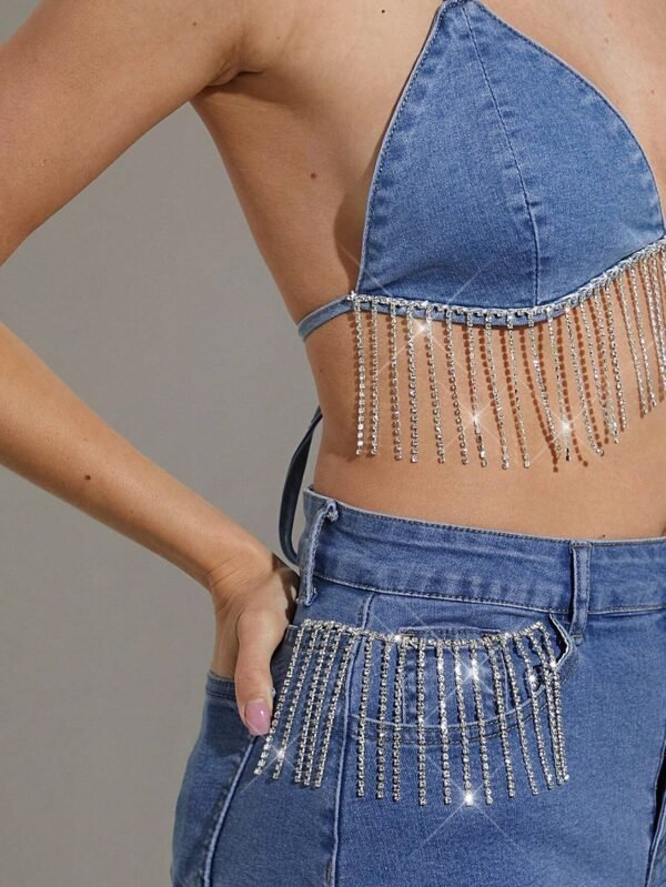 En Jean strass franges bralette jupe – Image 3