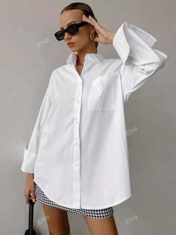 Chemise femme couleur unie, ample, à manches longues – Image 2