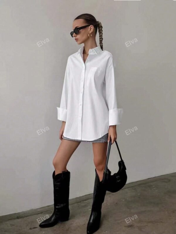 Chemise femme couleur unie, ample, à manches longues – Image 4
