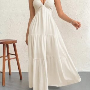 Firerie Robe dos nu en mousseline de soie pour femme avec longue traine pour les vacances, le mariage ou le festival