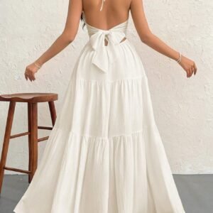 Firerie Robe dos nu en mousseline de soie pour femme avec longue traine pour les vacances, le mariage ou le festival