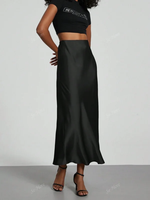 Jupe mi-longue élastique satin soie – Image 6