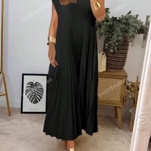 Robe longue avec ourlet plissé unicolore
