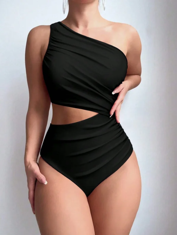 SHEIN Swim Maillot Une Pièce Noir ÉpauleDégagée