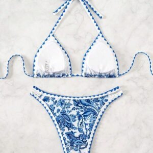 Ensemble  Bikini Sexy col licou imprimé plantes