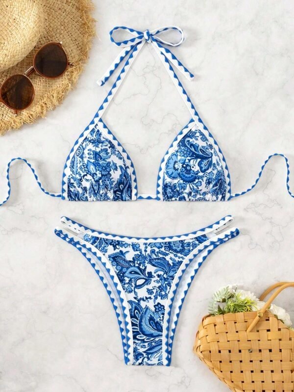 Ensemble  Bikini Sexy col licou imprimé plantes – Image 3
