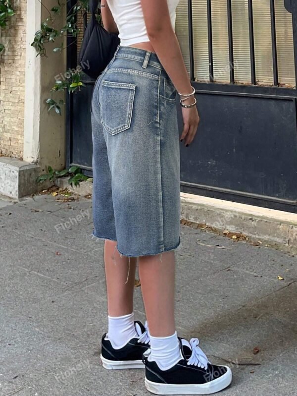 Short jean poches biais ourlet franges – Image 2