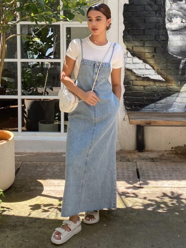 Livesso Robe longue en jean bretelles poches – Image 3