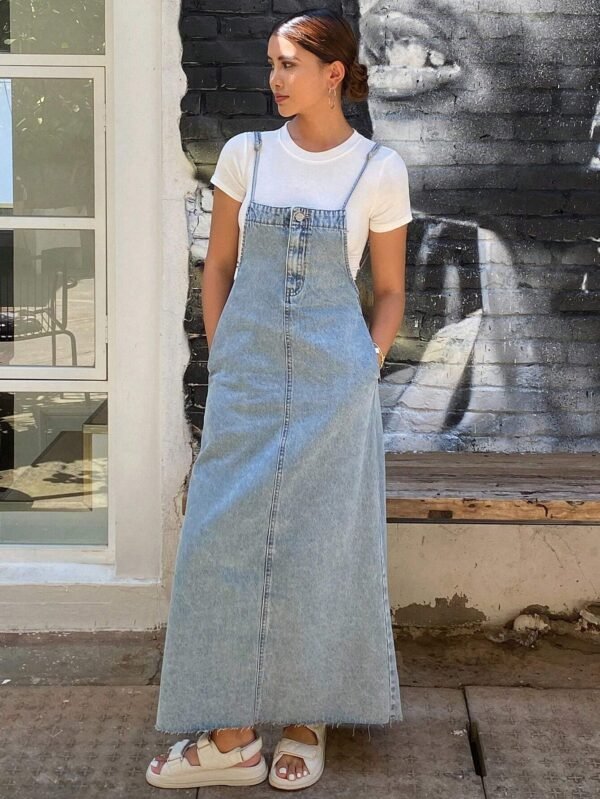 Livesso Robe longue en jean bretelles poches – Image 5