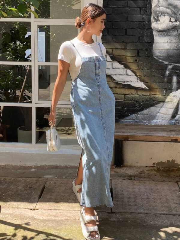 Livesso Robe longue en jean bretelles poches – Image 8