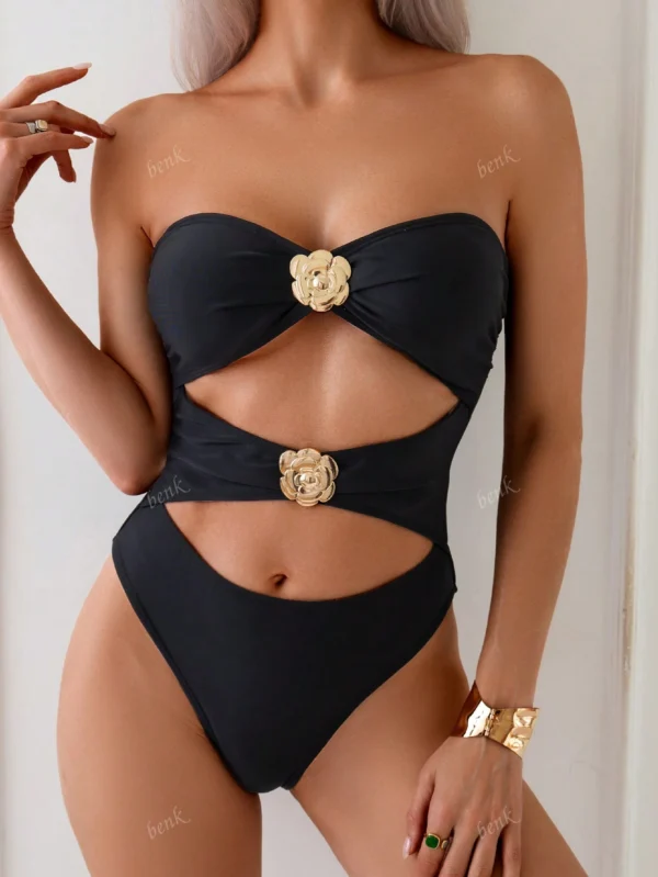 Maillot bain noir floralDoré ajouré – Image 2