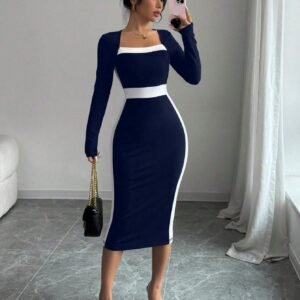 Elenzga Robe longue moulante sexy avec col carré