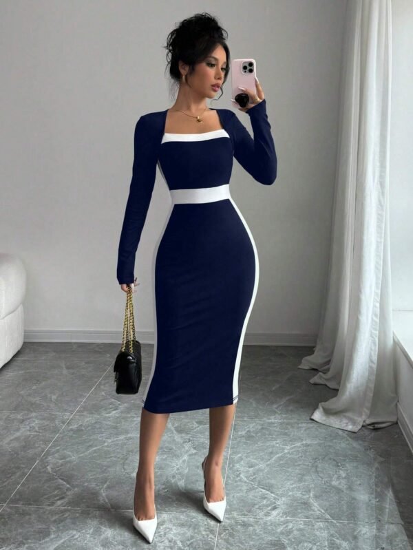 Elenzga Robe longue moulante sexy avec col carré