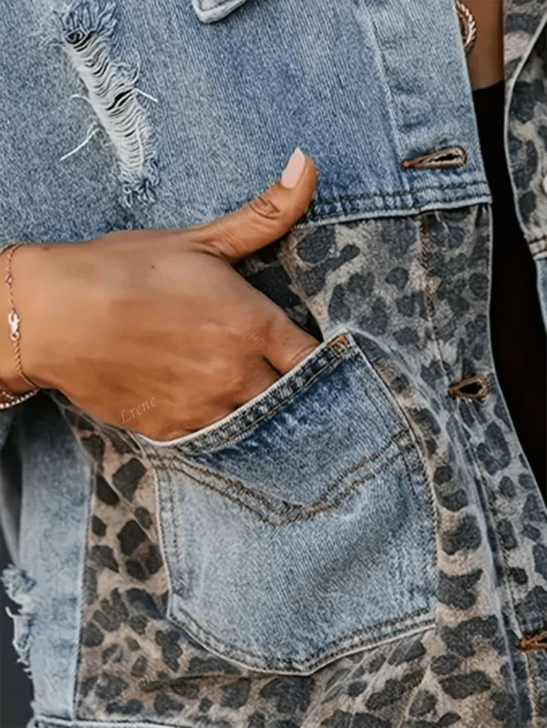 Veste jean patchwork imprimé léopard – Image 5
