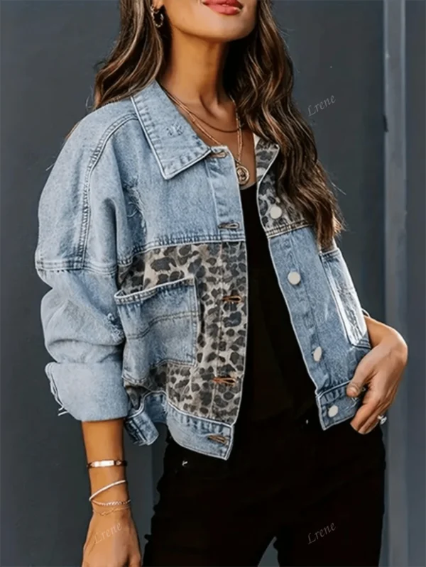 Veste jean patchwork imprimé léopard – Image 3