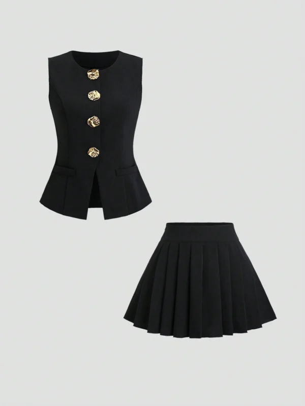 Sweetra Ensemble gilet boutons minijupe plissée