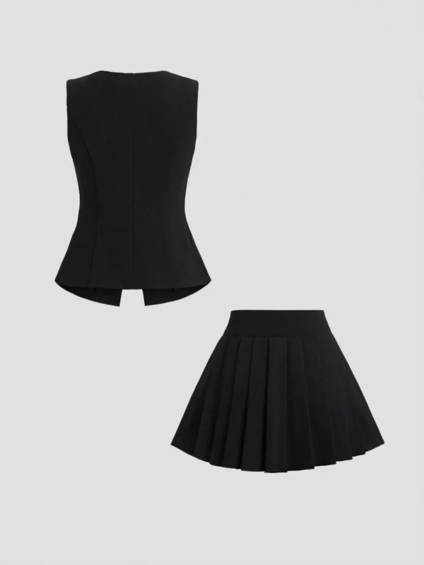 Sweetra Ensemble gilet boutons minijupe plissée – Image 2
