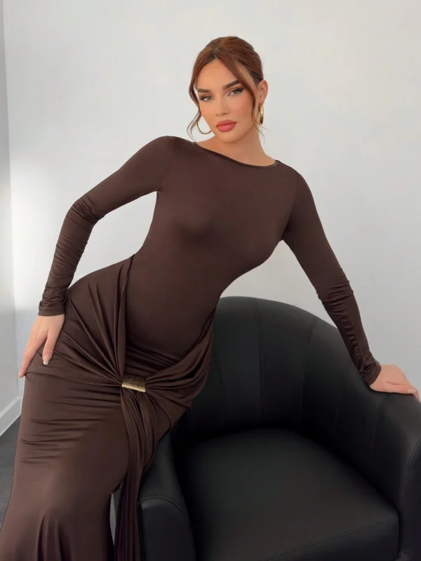 Aloruh Nouvelle arrivée automne/hiver Robe femme en marron – Image 3