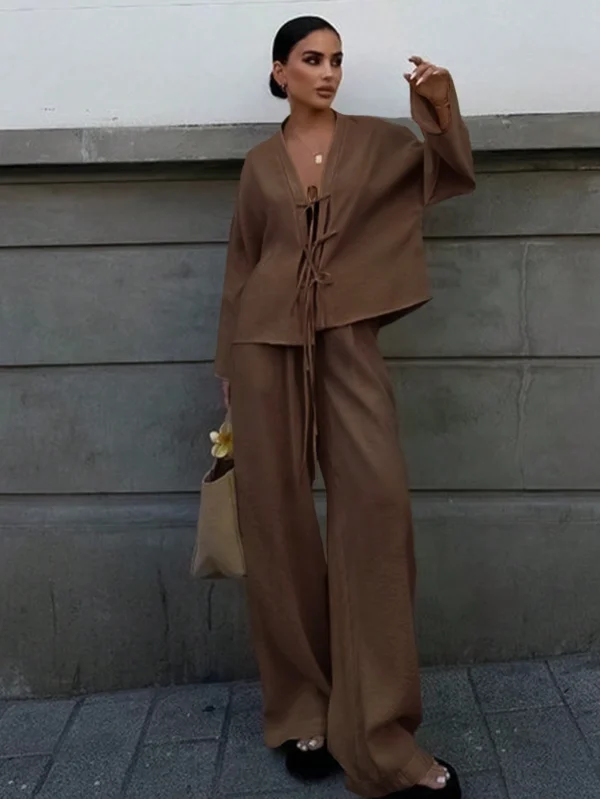 INAWLY Ensemble chemise nœud pantalon uni