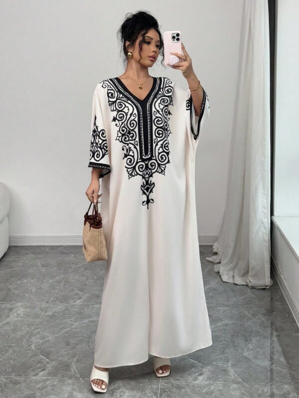 SHEIN Raffinéa Robe femme à encolure en V, imprimé rétro, manches chauve-souris, fendu Top – Image 2