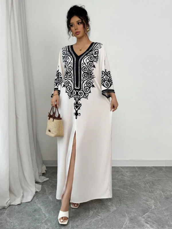 SHEIN Raffinéa Robe femme à encolure en V, imprimé rétro, manches chauve-souris, fendu Top – Image 4
