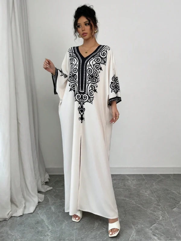 SHEIN Raffinéa Robe femme à encolure en V, imprimé rétro, manches chauve-souris, fendu Top – Image 5