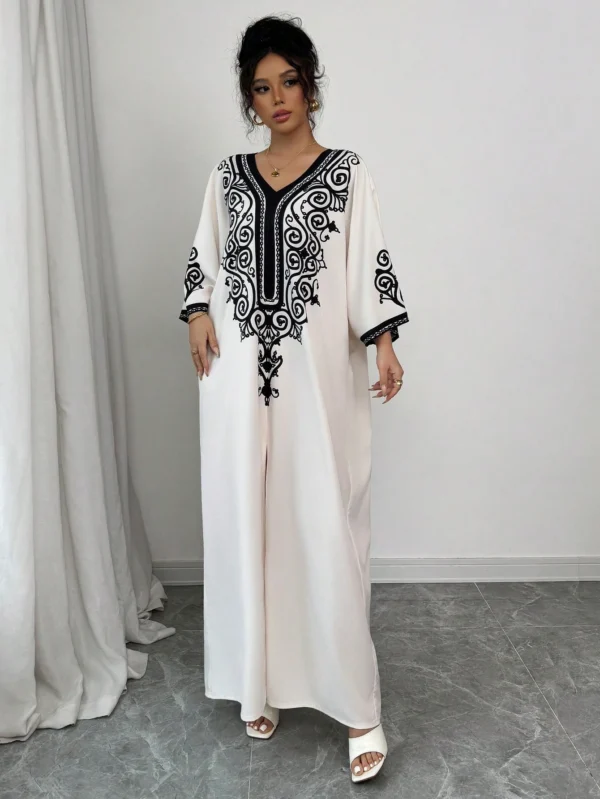 SHEIN Raffinéa Robe femme à encolure en V, imprimé rétro, manches chauve-souris, fendu Top – Image 6