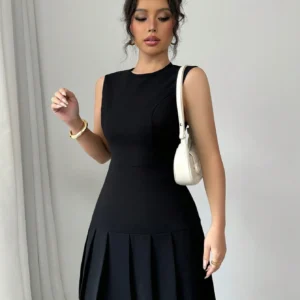 Elenzga Robe noire élégante avec fronces=
