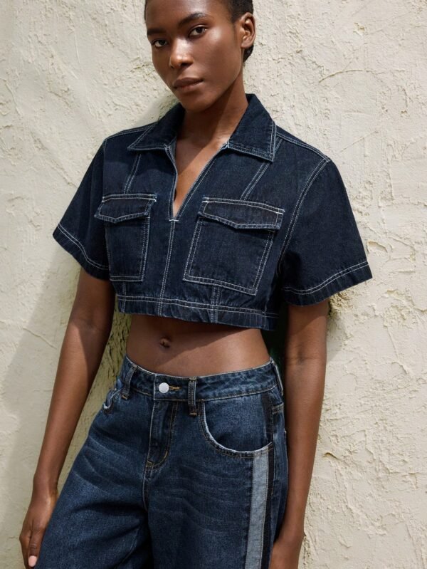 MaijaTopDenim bleu foncé court – Image 3