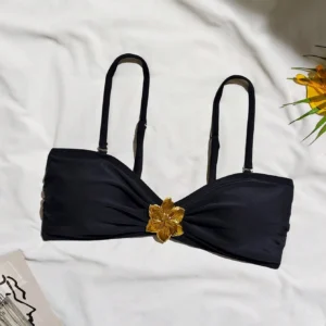 Top bikini bandeau uni fleur métallique