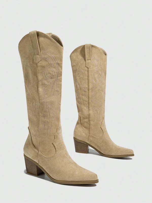 Bottes occidentales brodées talon épais automne/hiver – Image 5