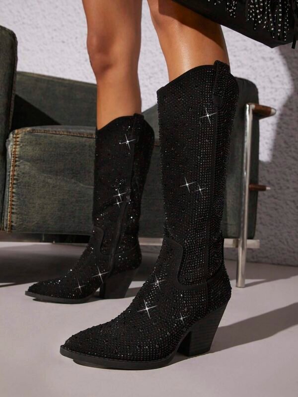 SHUZIA Bottes western genou talon blocs strass – Image 3