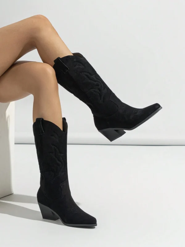 Bottes occidentales genou talon épais broderie