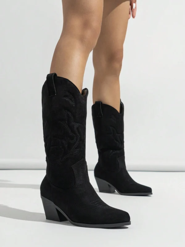 Bottes occidentales genou talon épais broderie – Image 2