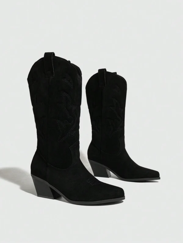 Bottes occidentales genou talon épais broderie – Image 3