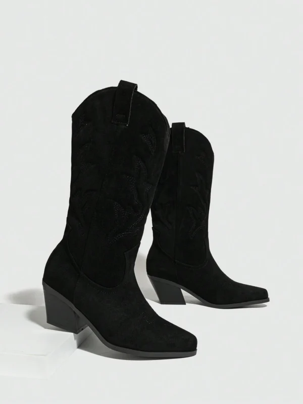 Bottes occidentales genou talon épais broderie – Image 5