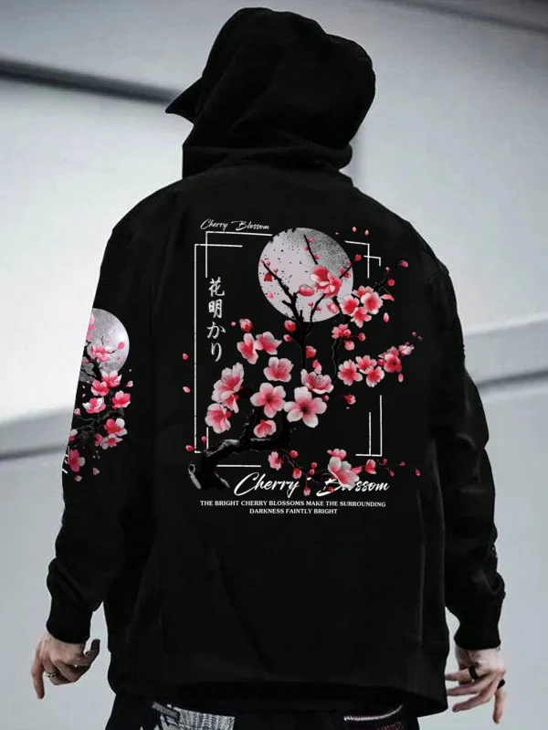 Sweat capuche fleur cerisier lune noir