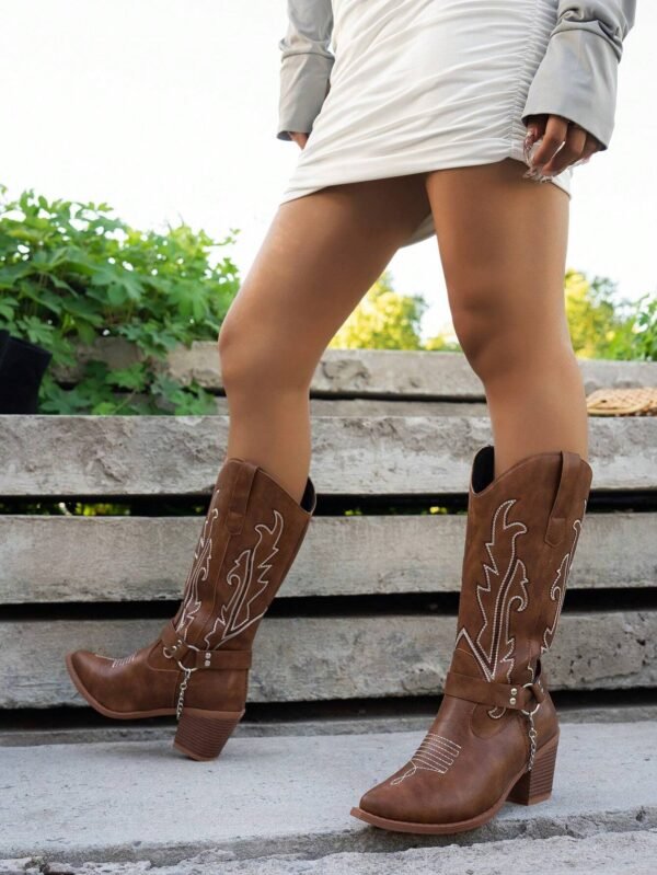 Bottes cowboy mi-mollet talon épais broderie – Image 5