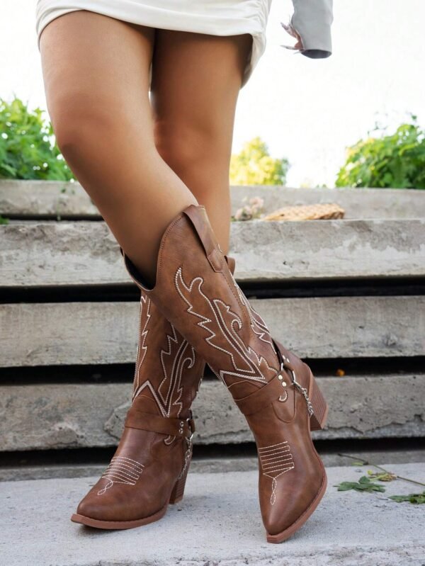 Bottes cowboy mi-mollet talon épais broderie – Image 3