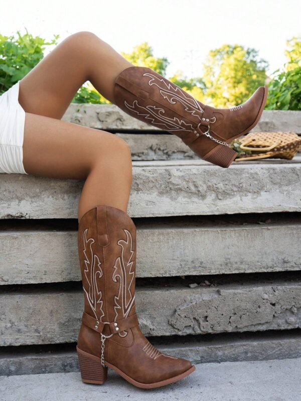 Bottes cowboy mi-mollet talon épais broderie – Image 2