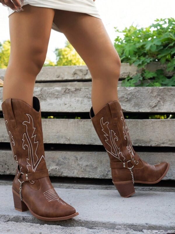 Bottes cowboy mi-mollet talon épais broderie – Image 7