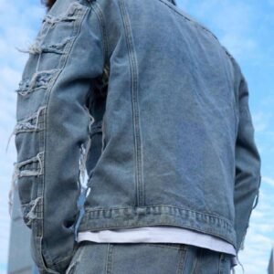 Veste jean délavé col à franges rétro
