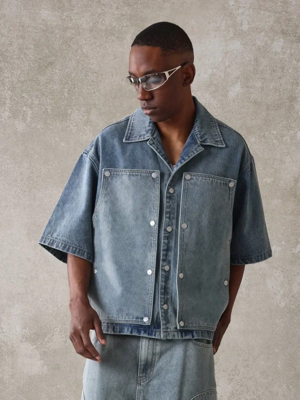 SUMWON Chemise denim charpentier col châle – Image 2