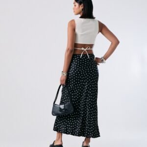 Jupe longue fluide noire à pois beige