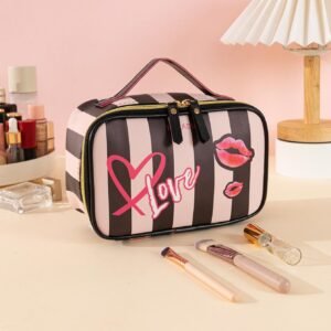 1 pc sac maquillage rayures noir-rose