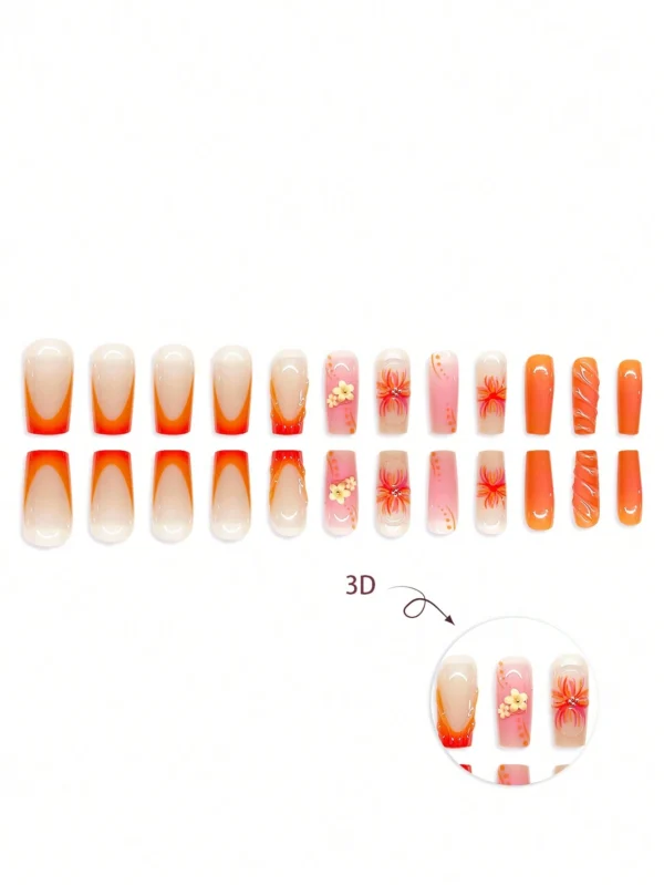 24 pcs ongles carrés orange fleurs – Image 5