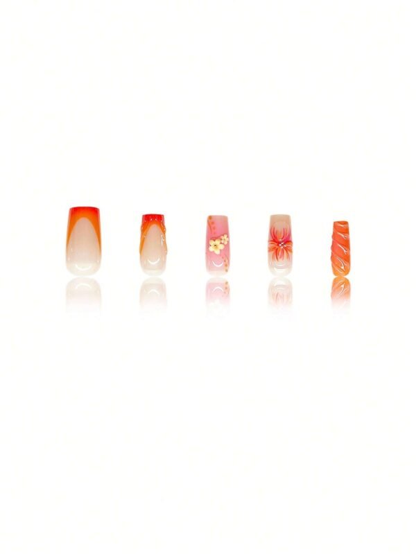 24 pcs ongles carrés orange fleurs – Image 4