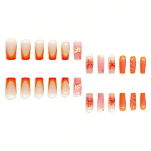 24 pcs ongles carrés orange fleurs